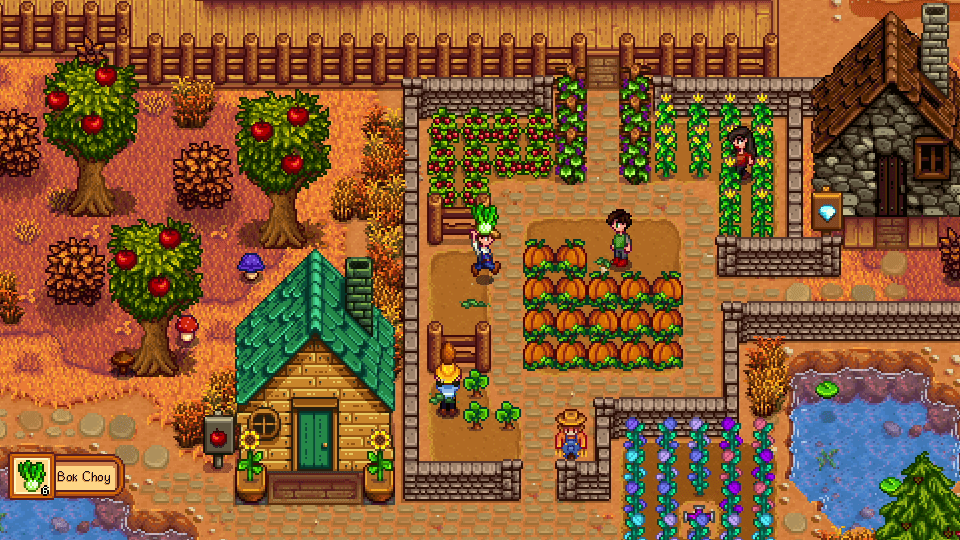 Stardew Valley multiplayer screenshot: four players tending a farm together